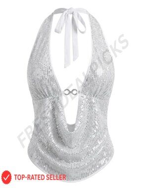 Sequin Halter Crop Top Self Tie Plunge Neck Sleeveless Rave Festival Party